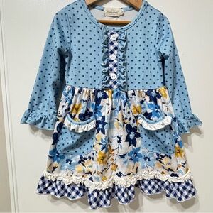 Blue and White Ruffled Tiered Sundress with Cuffed Sleeves